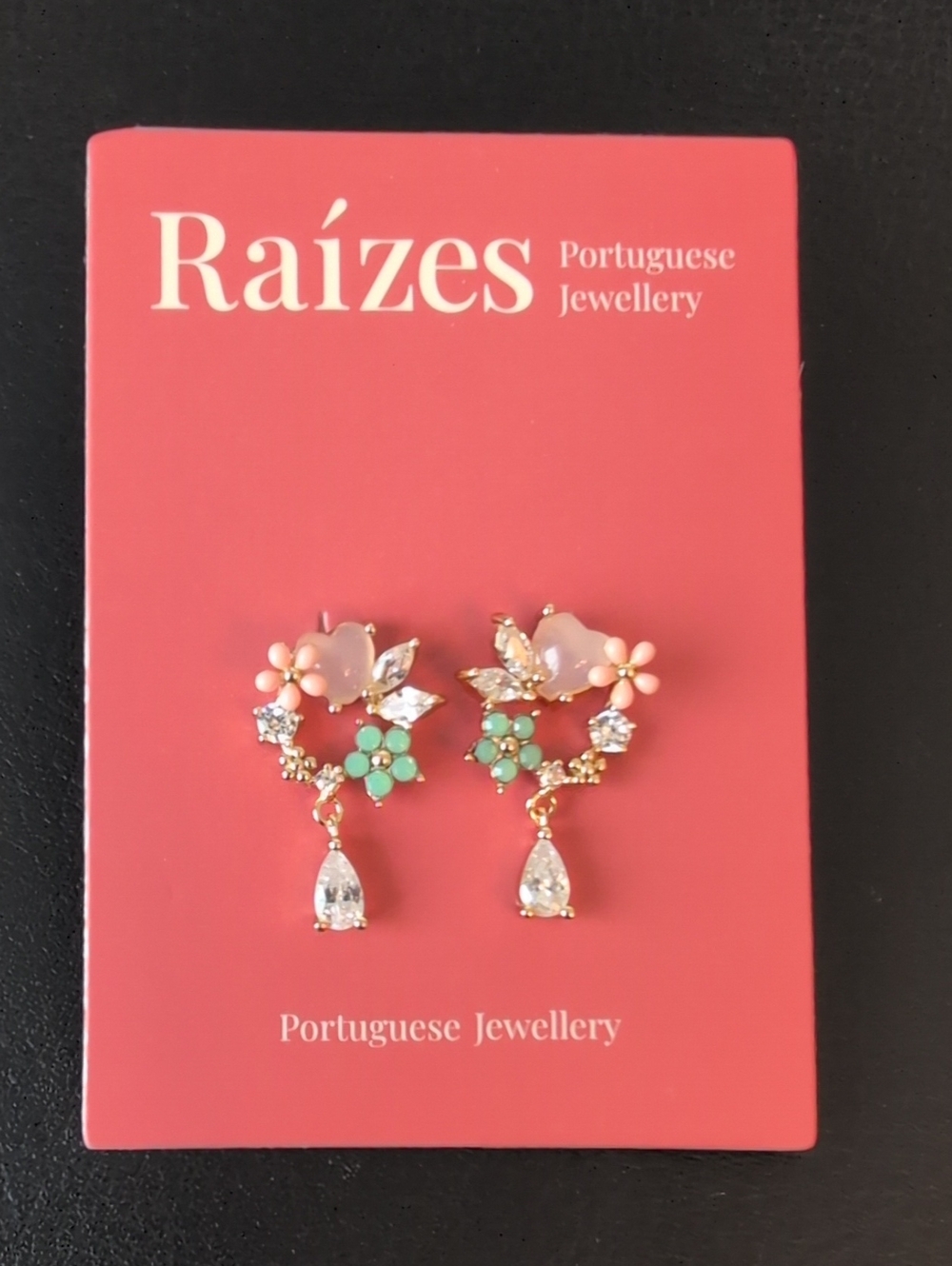Raizes Portuguese Jewellery Pink Gold & Green Floral Dangle Earrings 925 Silver